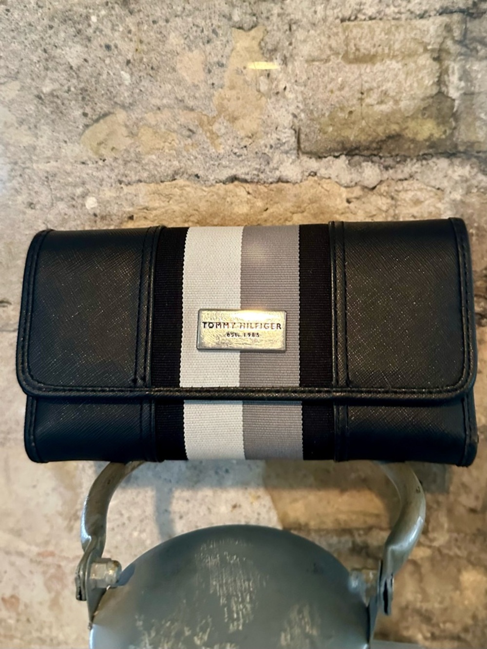 Tommy Hilfiger Black Wallet with Gray and White Center Stripe